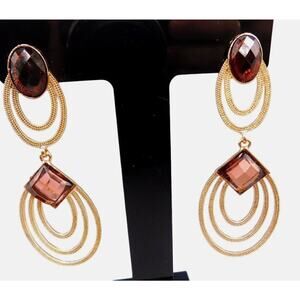 Modern Pierced Dangle Earrings Brown Beads Women Fashion Textured Gold Tone